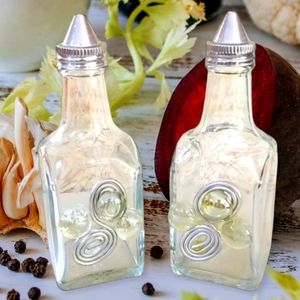 NWT Repurposed Hand Crafted Glass Bead Vintage Oil & Vinegar Bottle Set